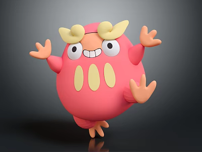 Cute Pink Cartoon Character With Yellow Horns Big Eyes And Smiling Mouth 3d model