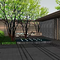 Modern Sales Office Building Design With Glass Curtain Wall Lawn And Steps