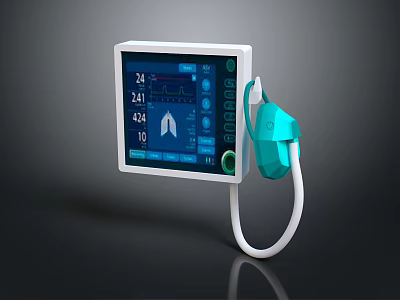 Medical Monitoring Device With Screen Displayed Data Waveform Graphs Green Probe And Connecting Cable 3d model