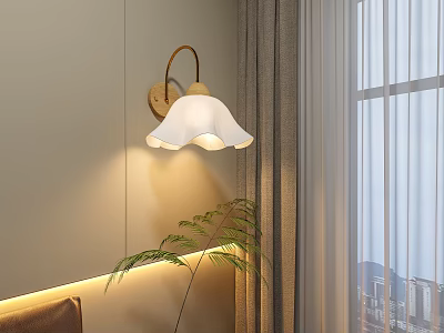 White Petal Shaped Wall Sconce with Warm Light by Window Near Gray Curtain and Potted Plant 3d model