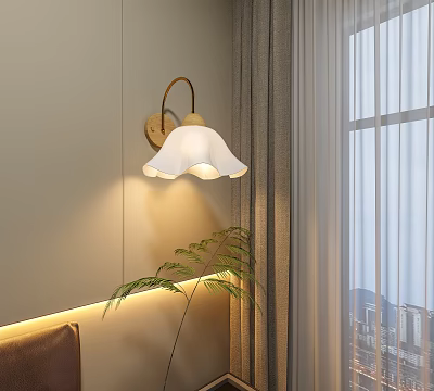 White Petal Shaped Wall Sconce with Warm Light by Window Near Gray Curtain and Potted Plant 3d model