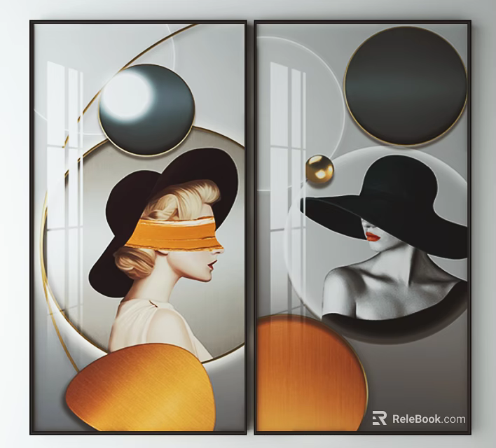 Elegant Portrait Paintings Featuring Women with Hats Geometric Elements Gold Frames and Orange Accents 3d model 