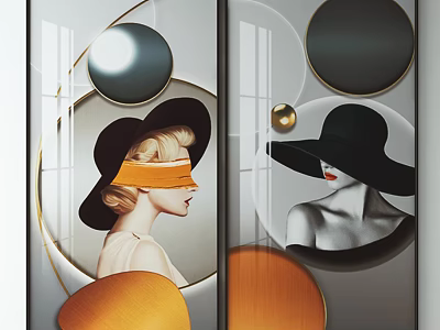 Elegant Portrait Paintings Featuring Women with Hats Geometric Elements Gold Frames and Orange Accents 3d model