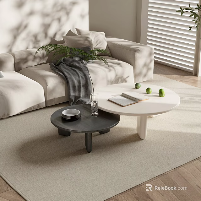 Modern Living Room Round Black White Coffee Tables With Open Book Green Apples Bowl 3d model 