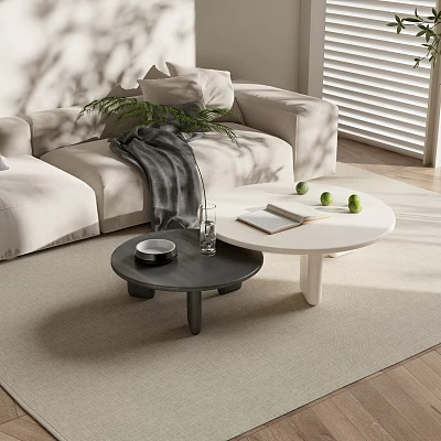 Modern Living Room Round Black White Coffee Tables With Open Book Green Apples Bowl 3d model