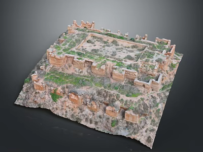 Ancient Architecture Ruins with Stone Walls and Square Layout Surrounded by Green Vegetation on Plateau 3d model