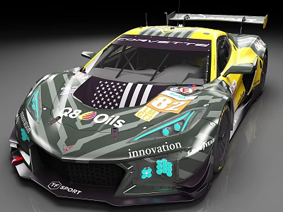 Green Yellow Purple Livery Racing Car With American Flag And Sponsor Logos 3d model