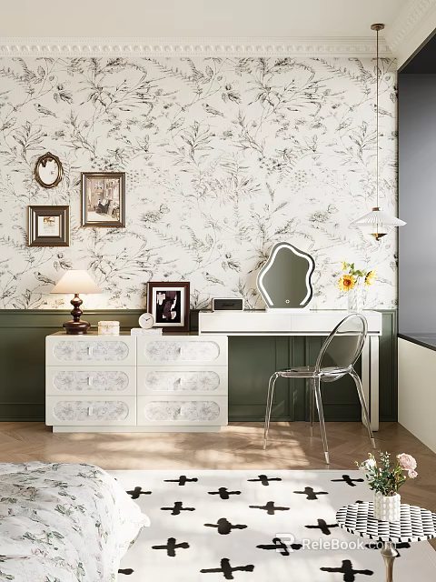 Elegant Vanity Dresser With Drawers Floral Wallpaper Mirror And Transparent Chair 3d model 