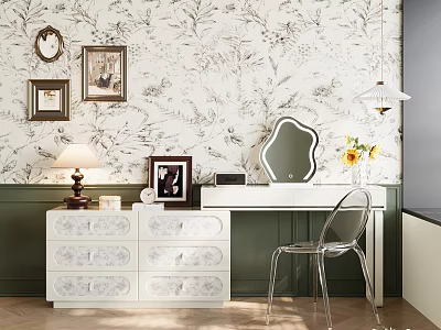 Elegant Vanity Dresser With Drawers Floral Wallpaper Mirror And Transparent Chair 3d model