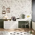 Elegant Vanity Dresser With Drawers Floral Wallpaper Mirror And Transparent Chair