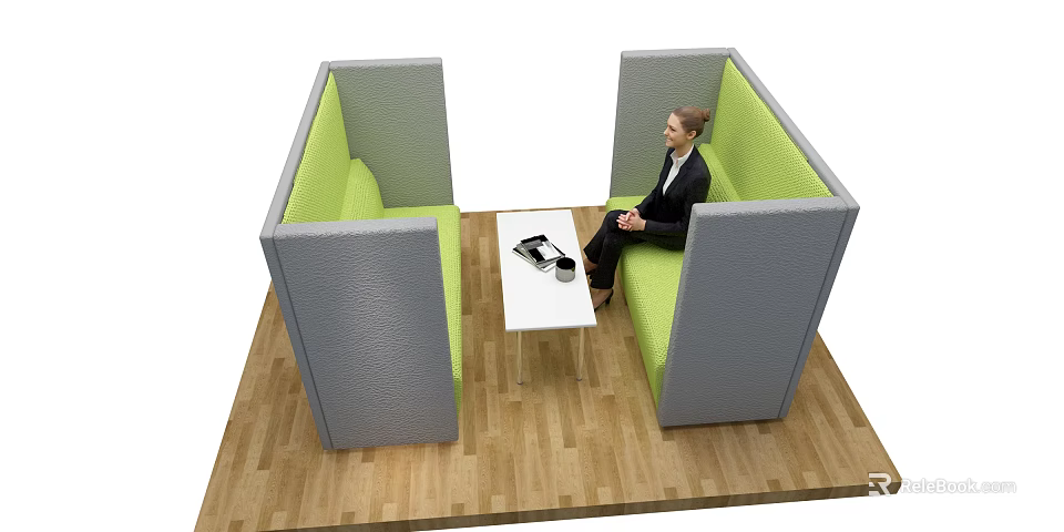 Modern Lounge Sofa and Coffee Table Set With Green Seats Gray Partitions Wooden Floor Items 3d model 