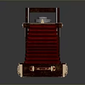 Vintage Computer With Brown Wooden Frame Red Folding Section And Metal Details