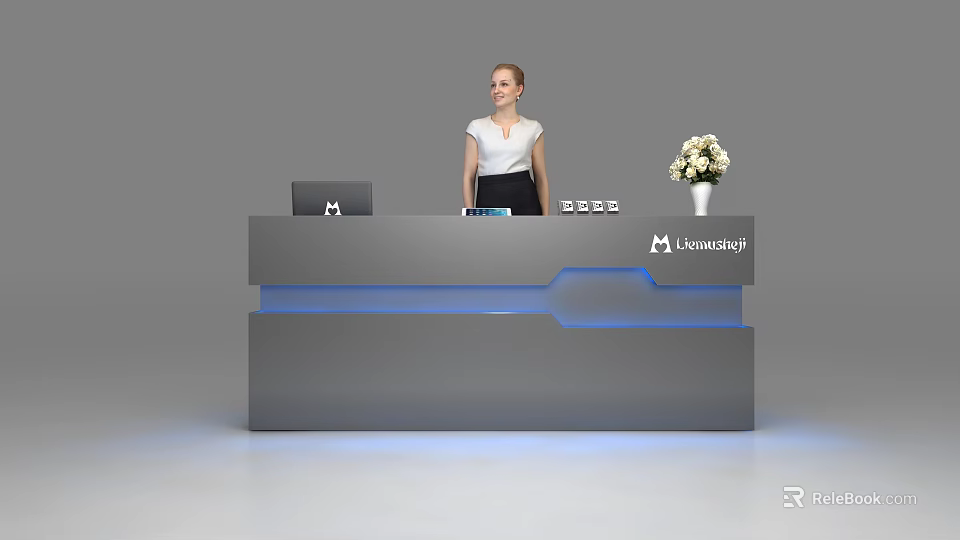Modern Reception Desk Interior Design With Blue Lighting LimeSky Logo And Flower Arrangement 3d model 
