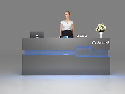 Modern Reception Desk Interior Design With Blue Lighting LimeSky Logo And Flower Arrangement 3d model