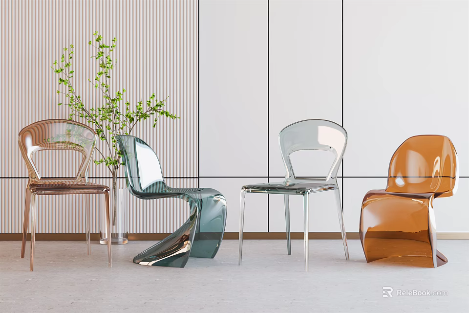Modern Transparent Leisure Chairs In Green Brown Colors With Sleek Design And Green Plants 3d model 