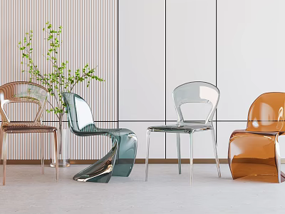 Modern Transparent Leisure Chairs In Green Brown Colors With Sleek Design And Green Plants 3d model