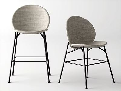 Minimalist Bar Stools With Light Gray Upholstered Seat Round Backrest And Black Metal Frame 3d model
