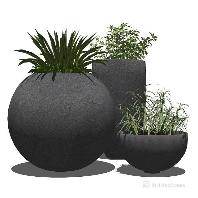 Modern Bonsai Potted Plants with Dark Concrete Pots and Lush Greenery 3d model 