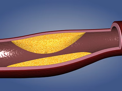 Man Examining Blood Vessel Interior With Yellow Plaque Buildup Structure 3d model