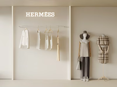 Hermées Clothes Hanging On Rack And Mannequin Display With Dresses Tops Outfits 3d model