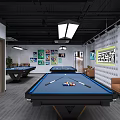 Modern Billiard Room Interior With Blue Tables Lighting Wall Posters And Seating 3d model