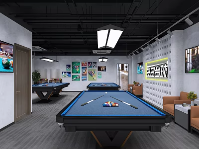 Modern Billiard Room Interior With Blue Tables Lighting Wall Posters And Seating 3d model