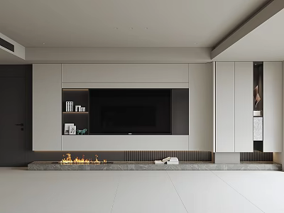Modern TV Wall Design With Built-in TV White And Gray Cabinets And Fireplace 3d model