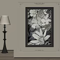 Framed Floral Decorative Painting With Vintage Lamp And Wall Accents