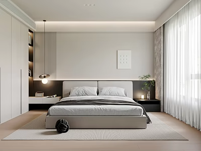 Modern Minimalist Bedroom Interior Design With Bed Headboard Window Curtains Rug And Wall Artwork 3d model
