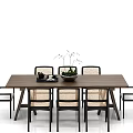 Modern Dining Table Set With Wooden Table Woven Backrest Chairs And Tabletop Potted Plant Tea Set