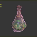Decorative Green Yellow Glass Bottle With Brown Wooden Stopper And Glowing Vine Patterns