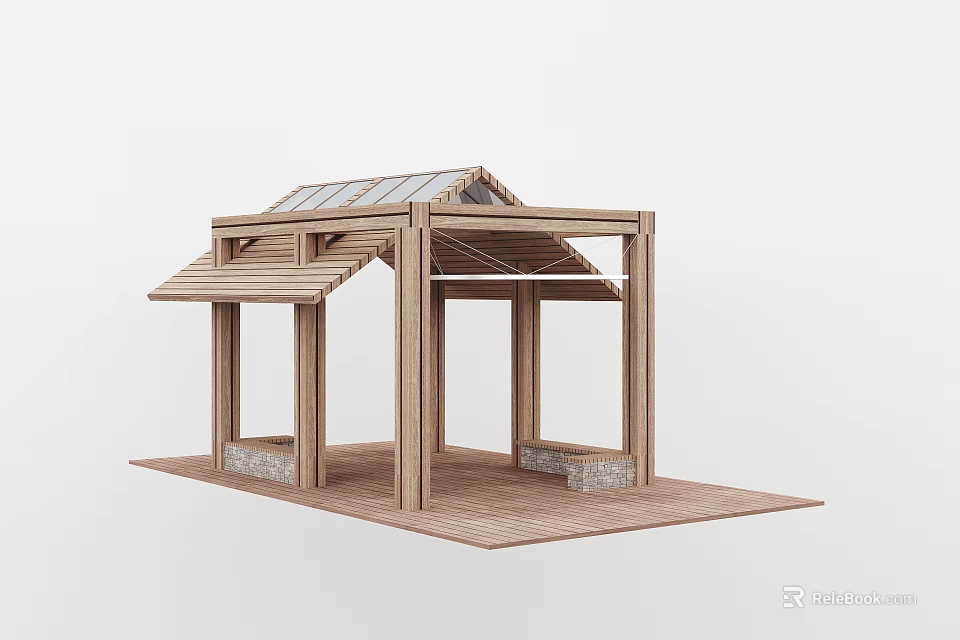 Outdoor Wooden Pergola With Transparent Roof And Stone Base Open Design 3d model 