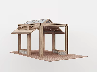 Outdoor Wooden Pergola With Transparent Roof And Stone Base Open Design 3d model