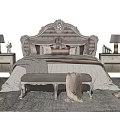 Elegant Double Bed With Tufted Headboard Decorative Pillows And Table Lamps