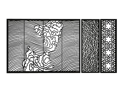 Room Dividers with Intricate Patterns Including Wave Cloud Motifs and Geometric Star Shapes 3d model