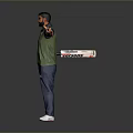 Man In Green Vest Red Text Blue Pants White Sneakers Arms Outstretched Holding Cricket Bat