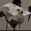 Modern Rectangular Dining Table Set With Marble Tabletop And Black Metal Legs Chairs 3d model