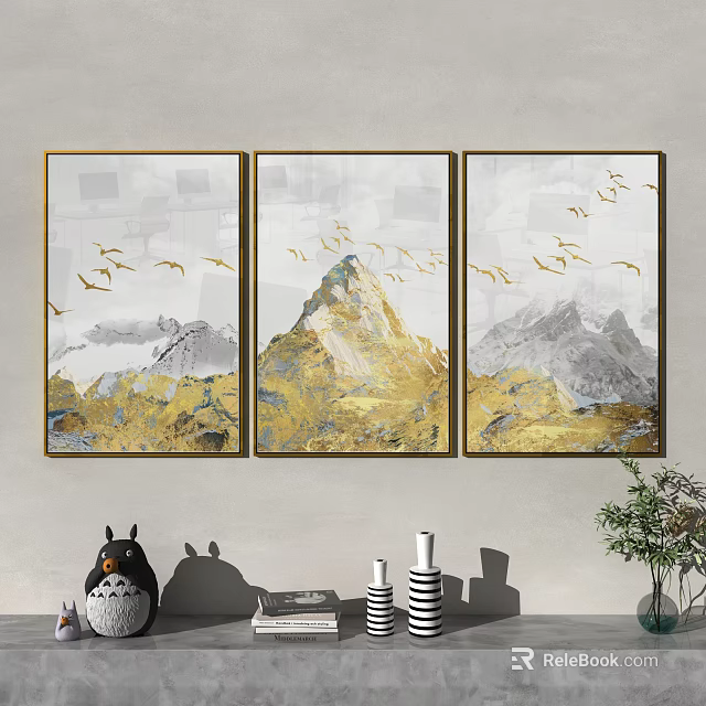 Three Panel Mountain Wall Art With Flying Birds And Golden Frame Decor 3d model