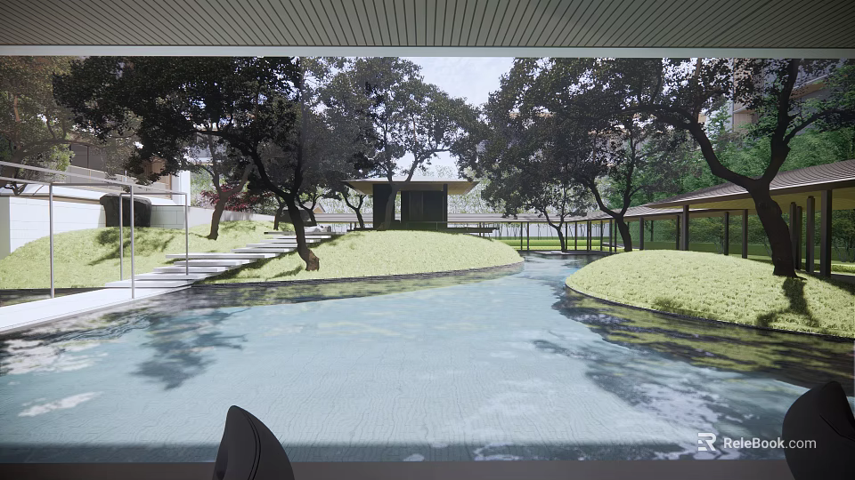 Courtyard Garden Design With Lush Trees Winding Path And Water Feature 3d model