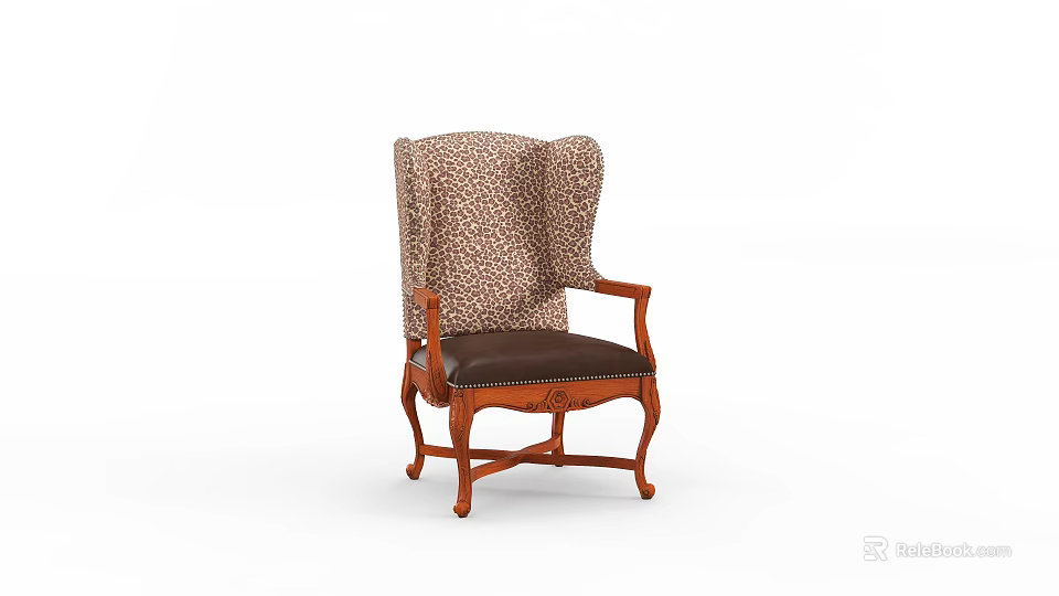 Classic Style Accent Chair With Wooden Carved Frame And Patterned Backrest Leather Seat 3d model 