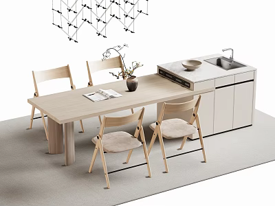 Modern Bar Counter With Dining Table Light Wood Chairs Hanging Lights Sink And Vase Plant 3d model