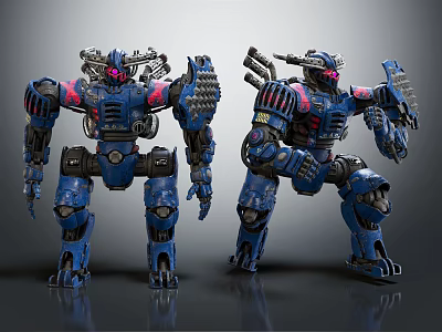 Blue Armored Robots With Red Accents And Mechanical Structures In Futuristic Design 3d model