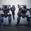 Blue Armored Robots With Red Accents And Mechanical Structures In Futuristic Design