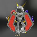 Mecha Character With Golden Horns Green Eyes Purple Arm Golden Sword And Hammer
