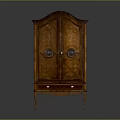 Antique Wooden Cabinet With Double Doors Circular Inlays And Bottom Drawer