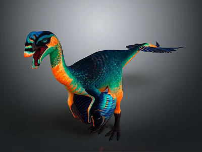 Vibrant Feathered Dinosaur With Blue Green Orange Colors Open Mouth And Dynamic Posture 3d model