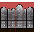 Elegant Arched Display Shelves with Golden Frames on Pink Walls Holding Bottles and Jars
