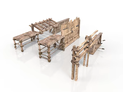 Traditional Rustic Wooden Furniture Set With Tables Shelves And Screen Structures 3d model