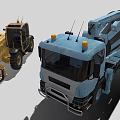 Blue Concrete Mixer Truck And Yellow Construction Vehicles Including Wheel Loader And Forklift