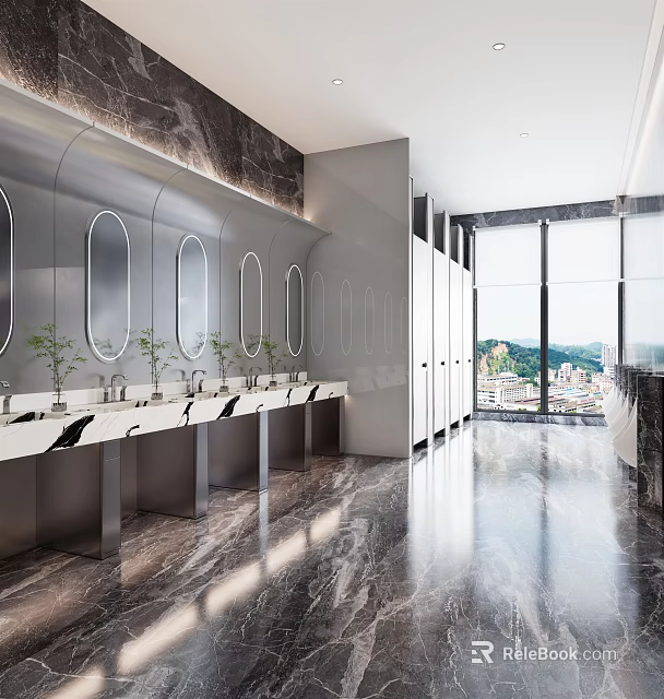 Modern Public Restroom with Multiple Sinks Oval Mirrors Marble Countertops Large Windows and City View 3d model 